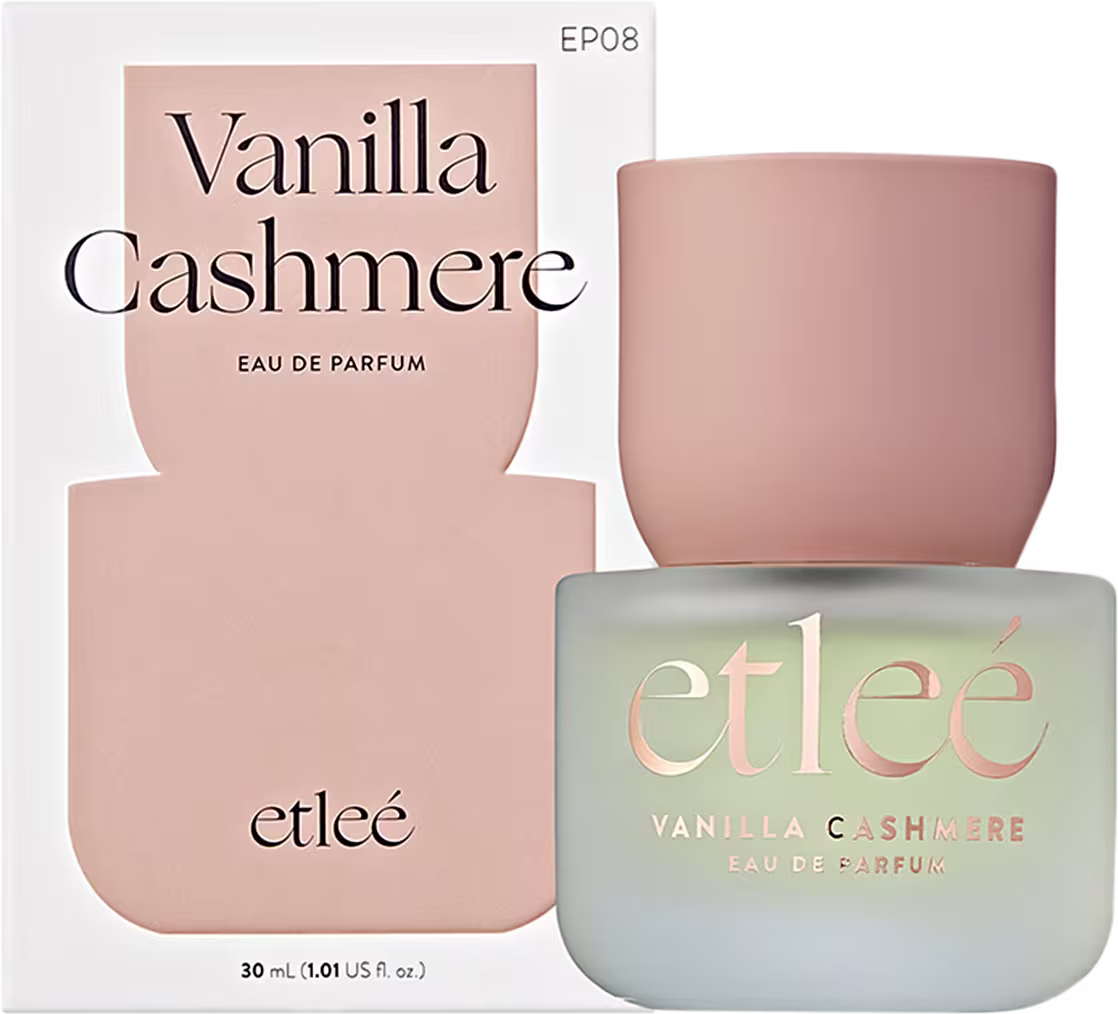 Frasco de perfume Etleé Vanilla Cashmere e caixa de papelão branca com detalhes em rosa e texto em preto.