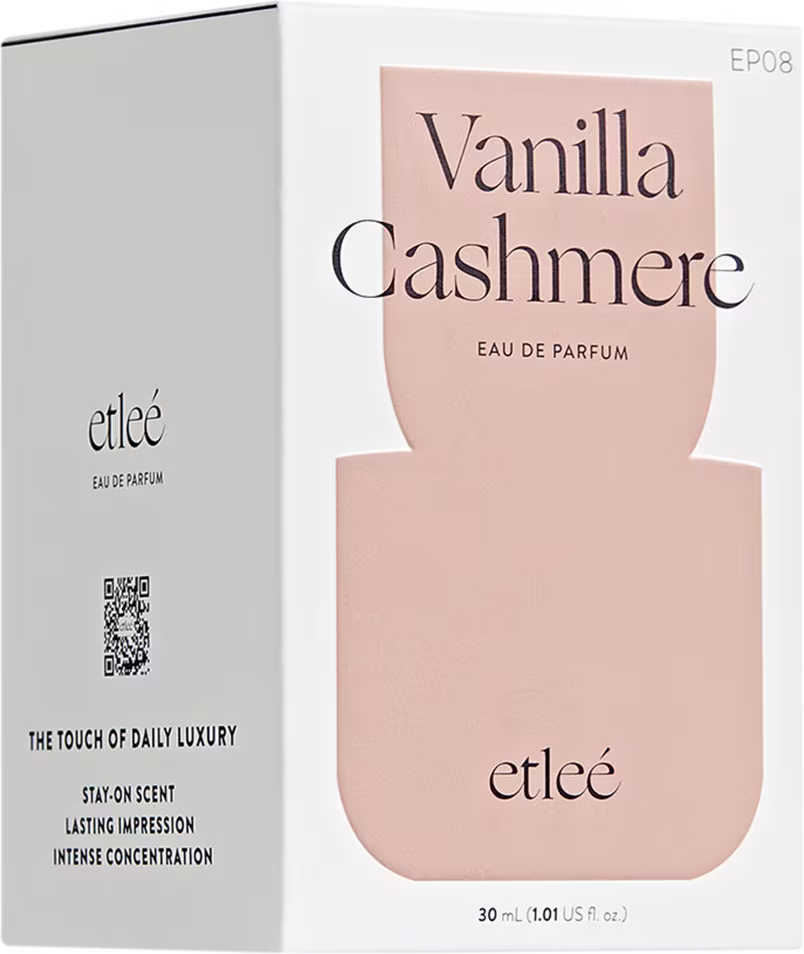 Caixa do perfume Etleé Vanilla Cashmere branca e rosa, com texto em destaque no rótulo. Produto de 30 ml com informações sobre a fragrância e a marca.
