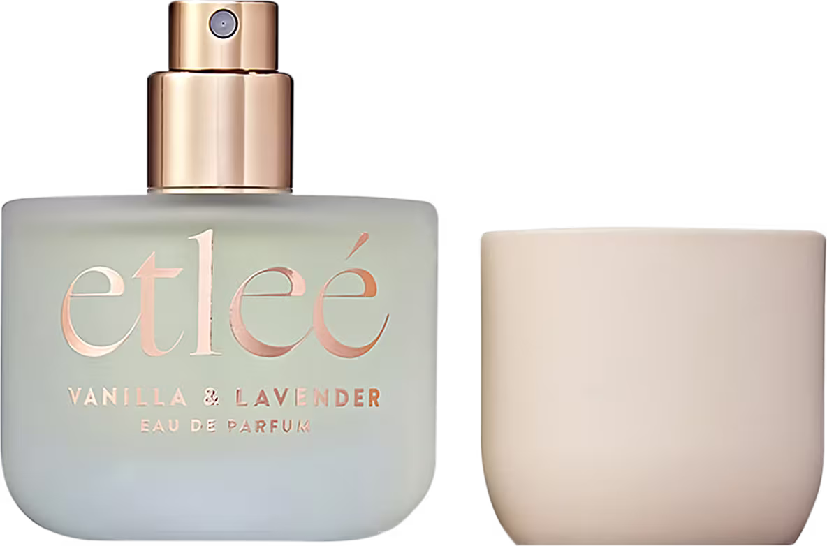 Frasco de perfume Etleé Vanilla e Lavender. Embalagem com tampa de pulverizador. Acompanha a tampa em tom bege.