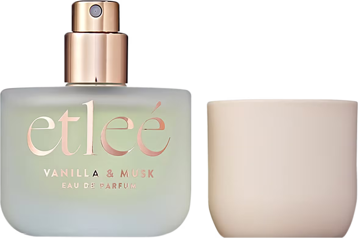 Frasco de perfume Etleé com rótulo "Vanilla & Musk" em embalagem de vidro. Acompanha a tampa ao lado em tom bege claro.