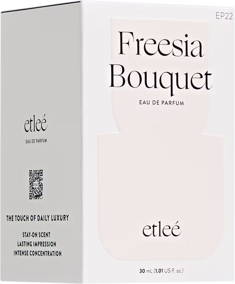 Caixa do perfume Etleé Freesia Bouquet em embalagem branca com texto preto. Produto de 30 ml, com informações sobre a fragrância e a marca impressas na caixa.