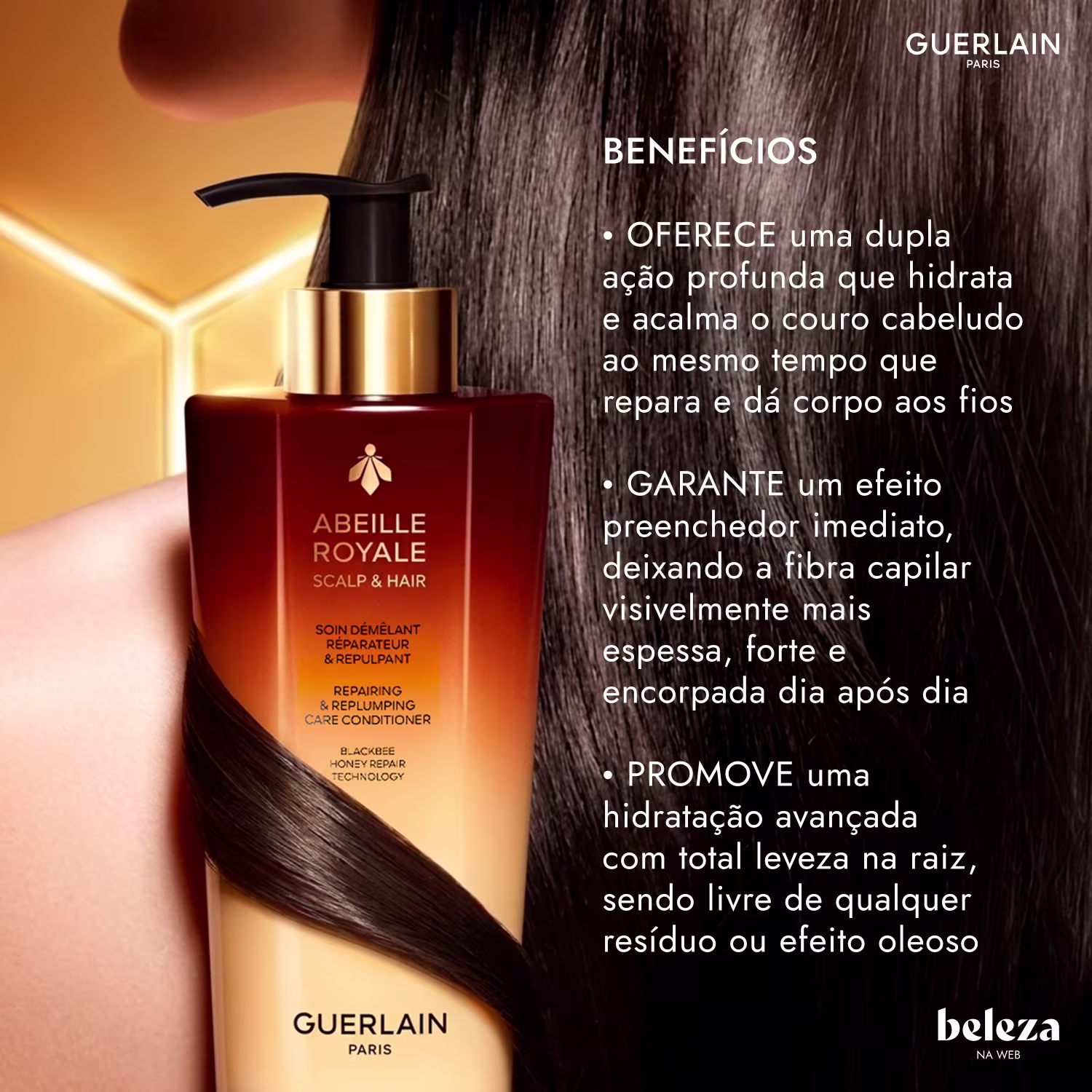 Frasco de condicionador Abeille Royale da Guerlain, com design elegante em tons de marrom e dourado. Produto com dupla ação de hidratação e reparação.