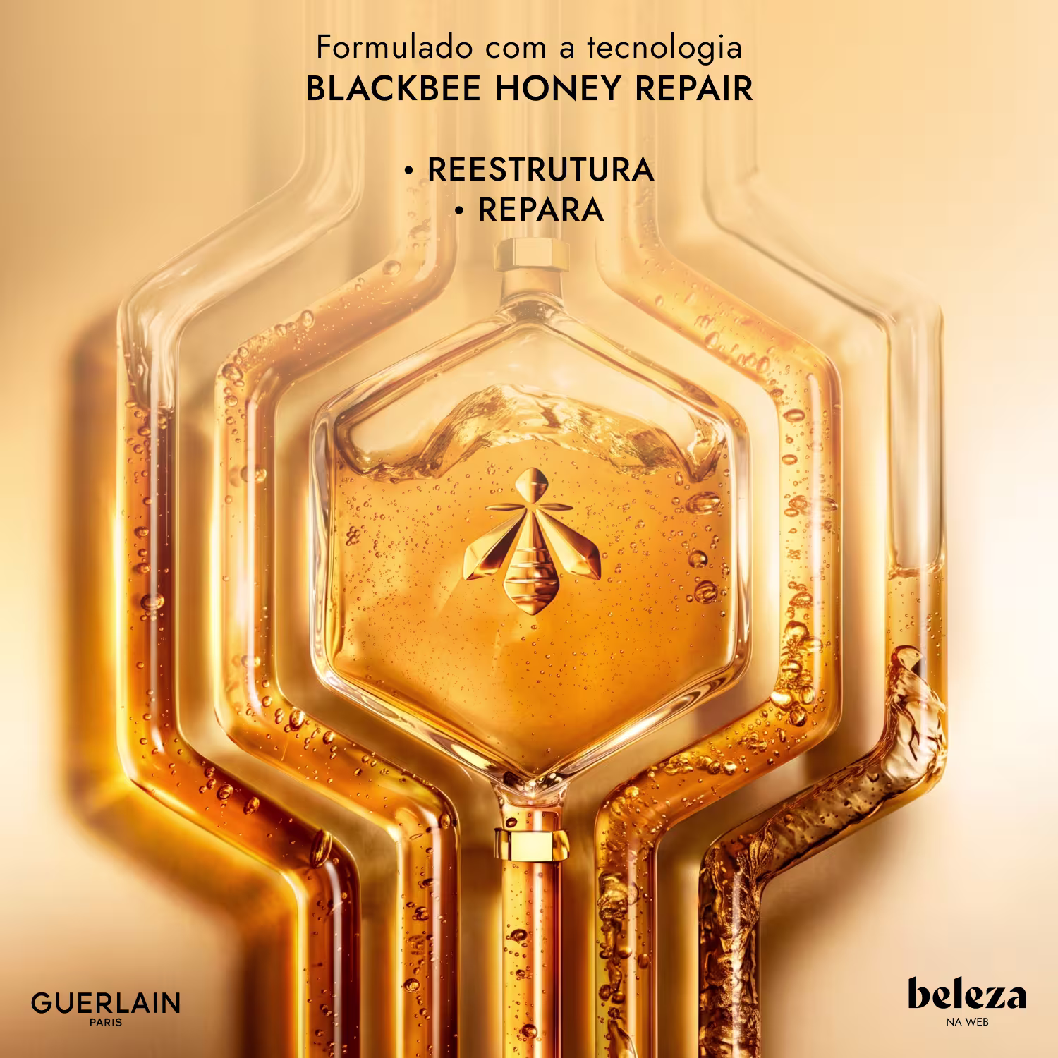 Frasco de vidro hexagonal com líquido dourado e bolhas, contendo a marca Guerlain e a tecnologia Blackbee Honey Repair, que reestrutura e repara os cabelos.