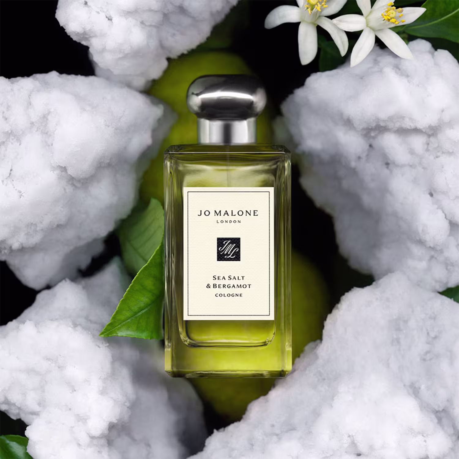 Ambiente com sal marinho e flores brancas e folhas verdes, ao centro, o frasco de perfume da marca Jo Malone London, Sea Salt & Bergamot
