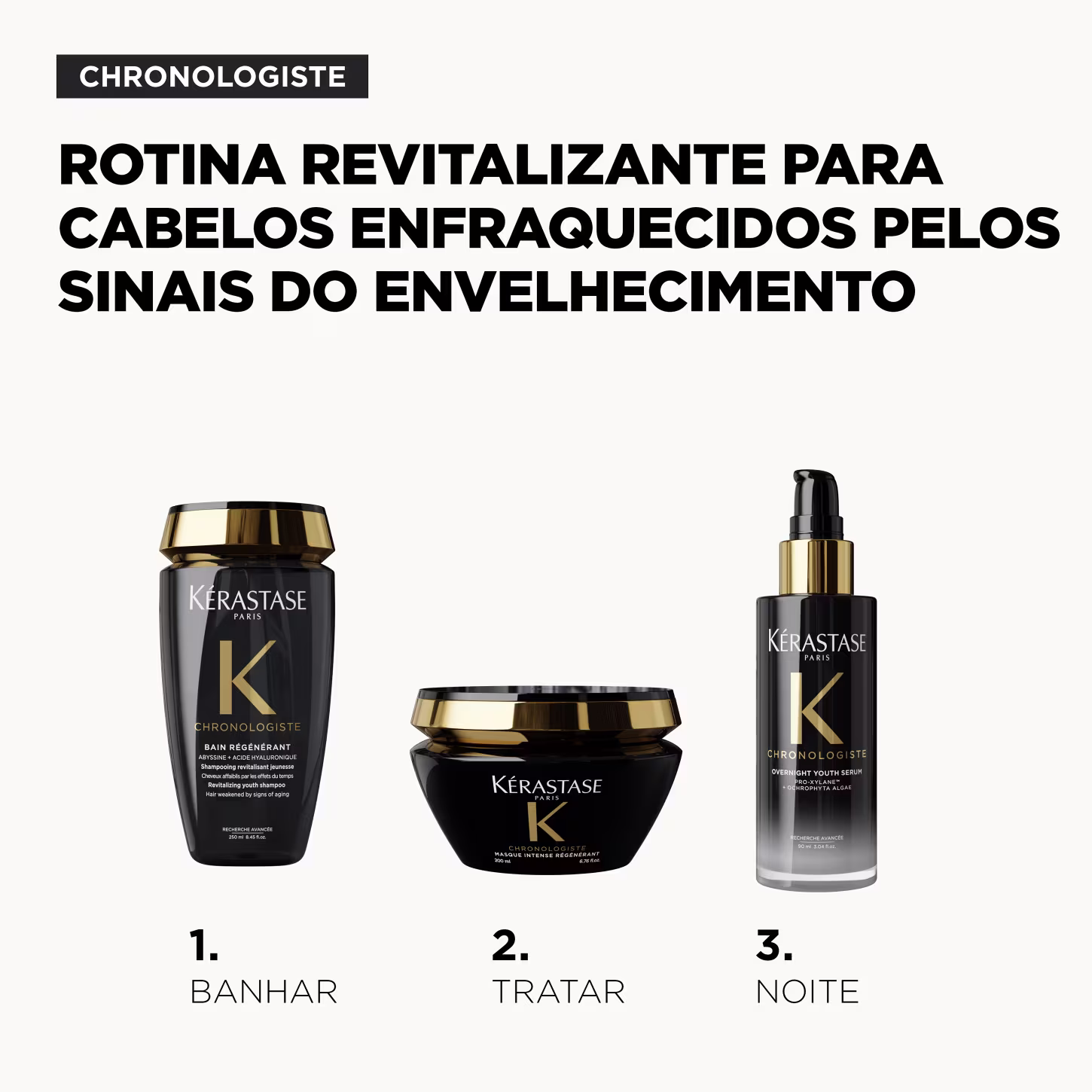 ROTINA REVITALIZANTE PARA CABELOS ENFRAQUECIDOS PELOS SINAIS DO ENVELHECIMENTO: 1. BANHAR 2 TRATAR 3 NOITE
