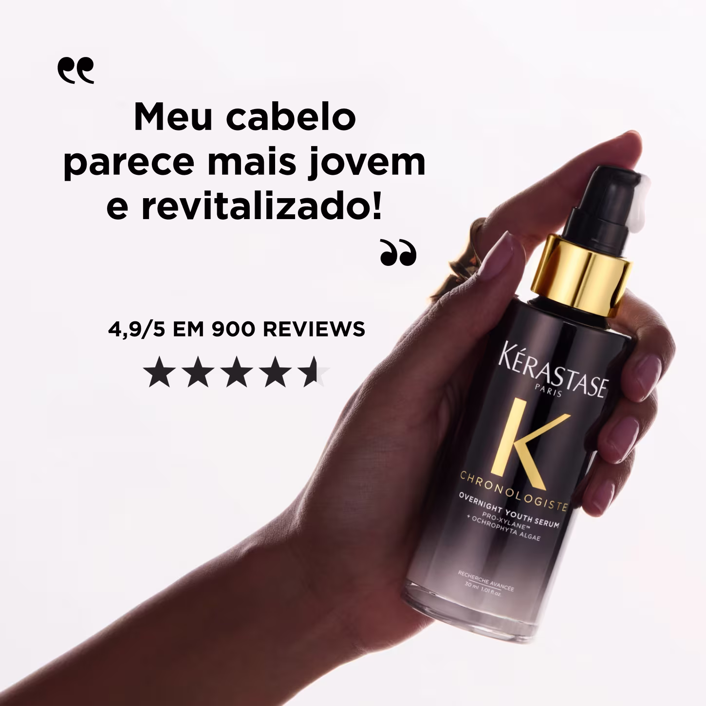Texto na imagem: Meu cabelo parece mais jovem e revitalizado! 4,9/5 em 900 reviews