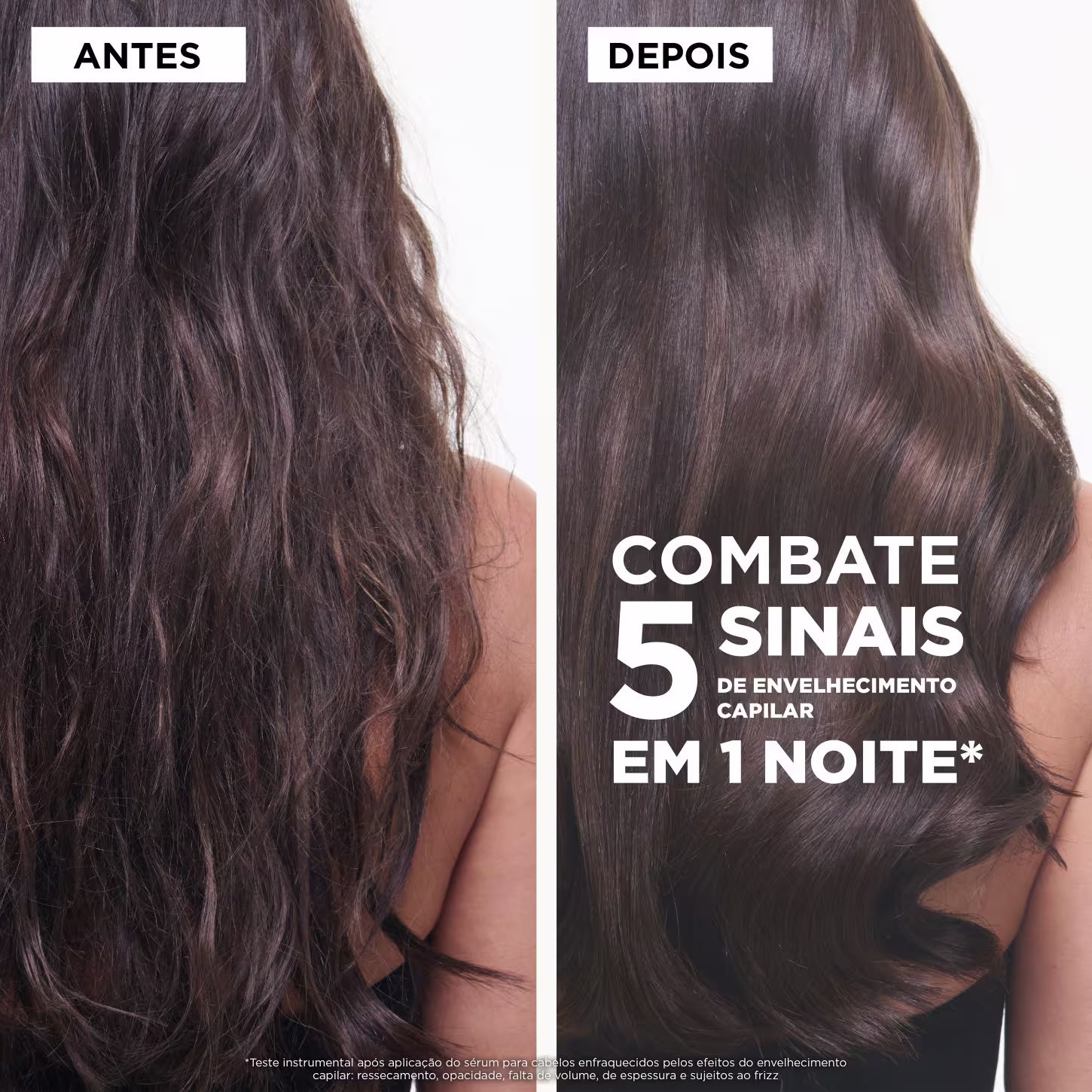 A imagem apresenta um antes e depois do uso de um produto da marca Kérastase para combater 5 sinais de envelhecimento capilar em apenas 1 noite.