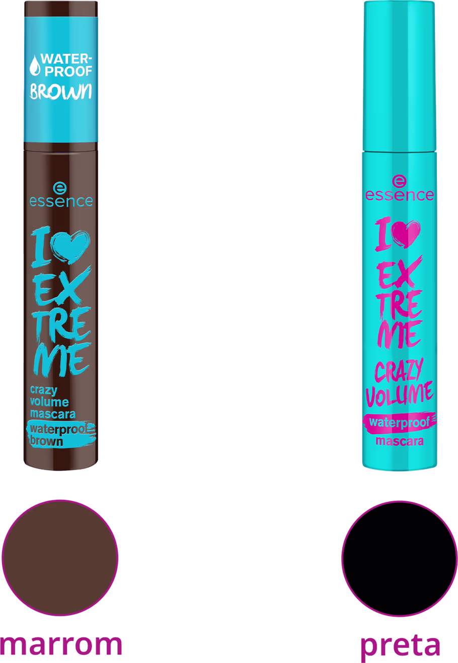 Máscara de cílios à prova d'água Essence I Love Extreme Crazy Volume Waterproof, com rótulos indicando as cores "marrom" e "preta".