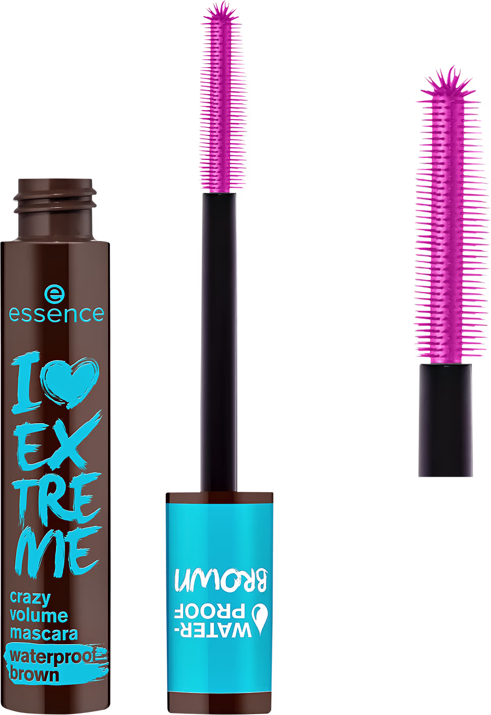 Embalagem de máscara de cílios I Love Extreme Crazy Volume Waterproof da marca Essence com fórmula de volume e à prova d'água na cor marrom. Também é exibido um aplicador de máscara rosa com cerdas longas.