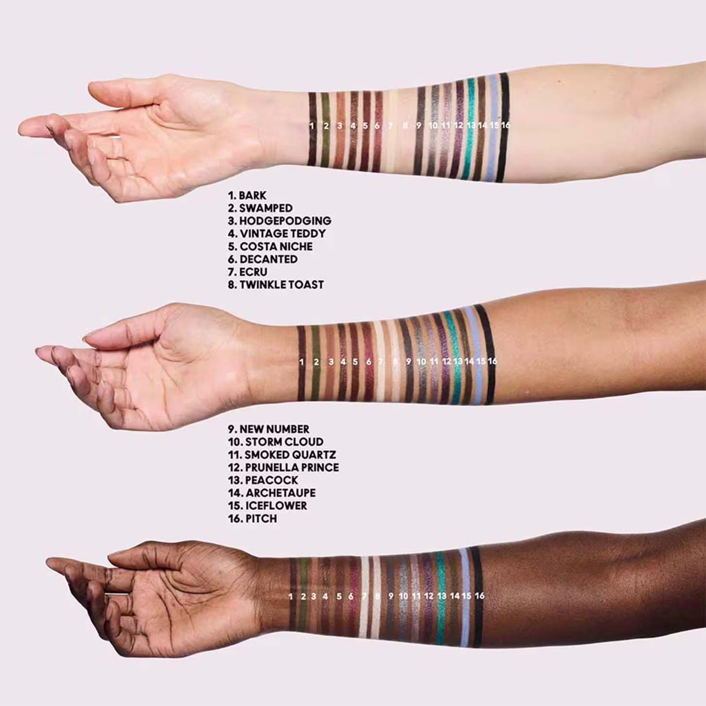 Imagem de três braços em diferentes tons de pele com uma série de amostras de cores do lápis de olho M·A·C Kajal Excess, incluindo marrom, preto, verde, azul e branco.