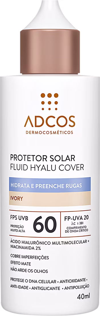 Protetor solar fluido Hyalu Cover da Adcos, com FPS 60 e embalagem branca, contendo informações sobre o produto e seus benefícios.