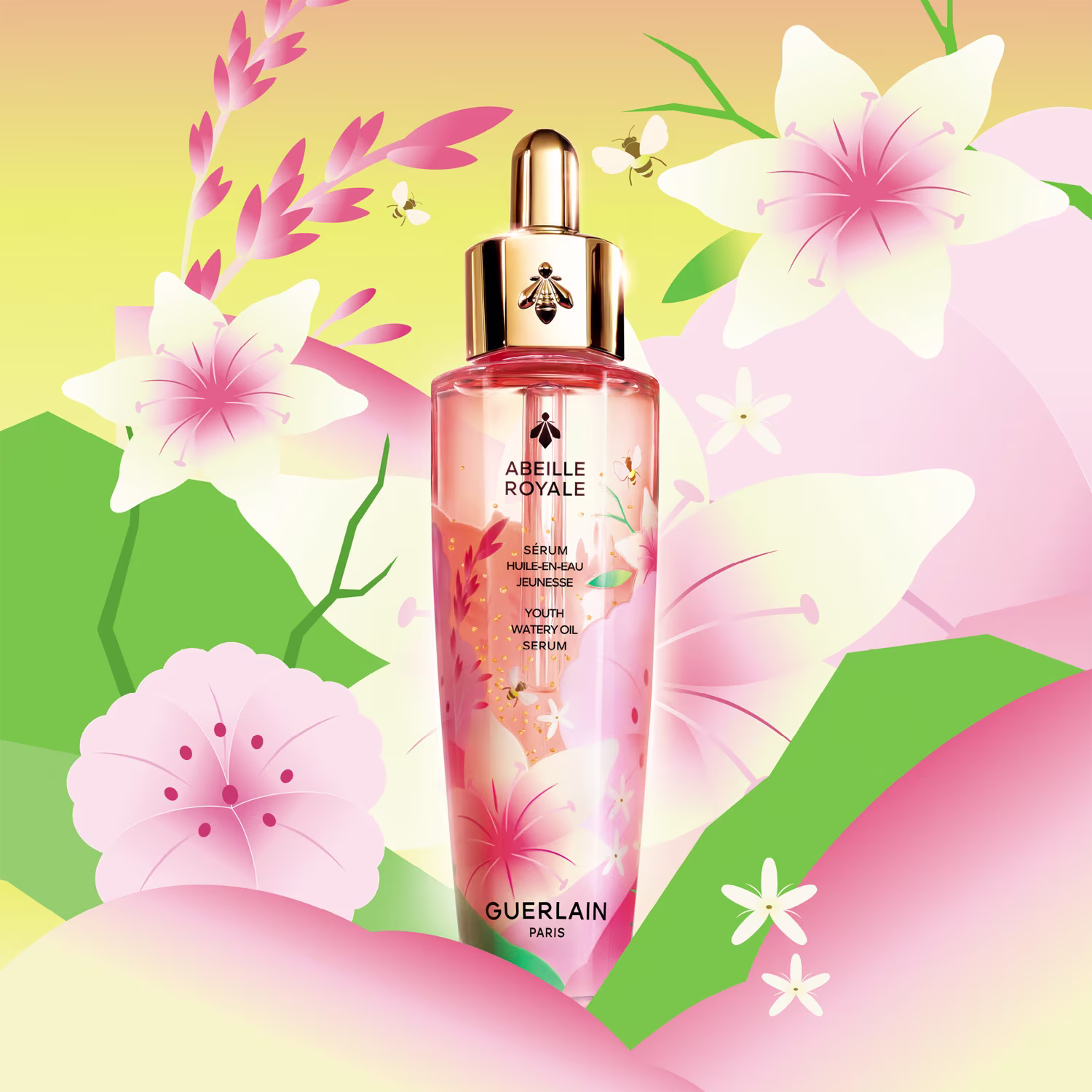 Frasco de vidro rosa com tampa dourada contendo o sérum Abeille Royale da Guerlain, com flores e abelhas ilustradas em fundo amarelo e verde.