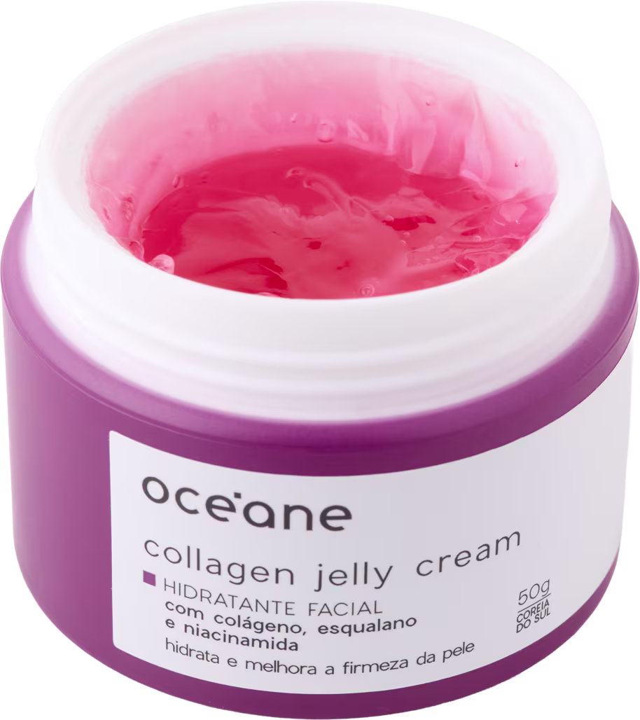 Pote branco e rosa com rótulo da marca Océane contendo creme de gelatina de colágeno, com textura cremosa e cor rosa.