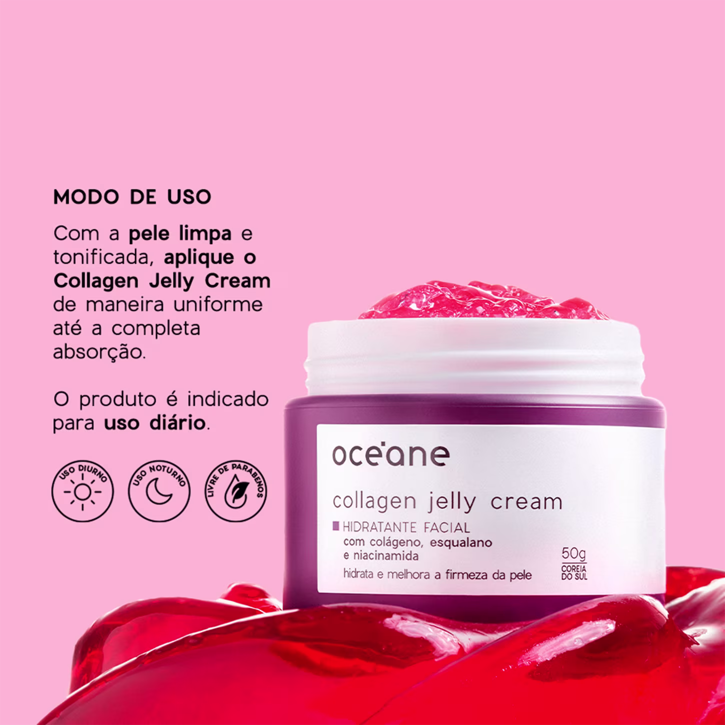 Pote de creme facial Collagen Jelly Cream da marca Océane sobre fundo rosa, com pétalas vermelhas ao redor, indicando modo de uso do produto para pele limpa e tonificada.