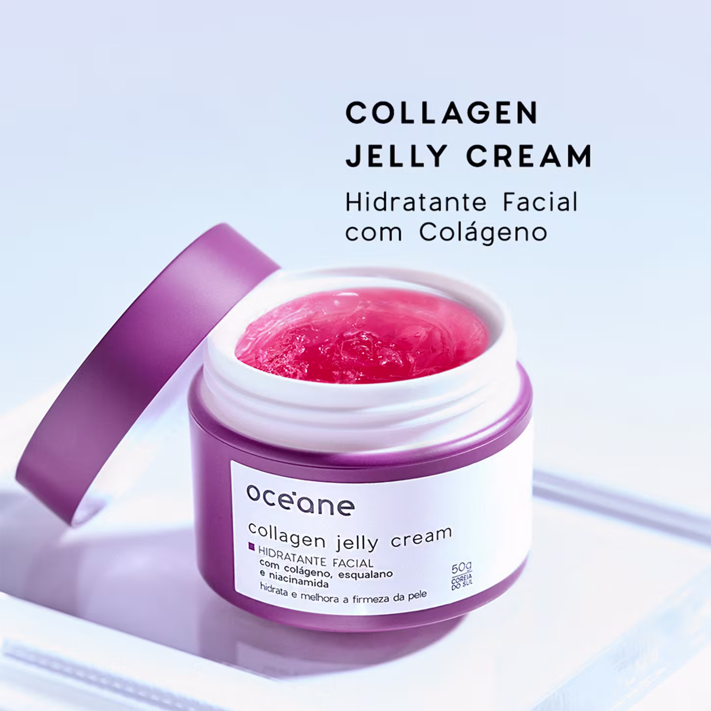 Pote branco com tampa roxa contendo creme de gelatina de colágeno da marca Océane, com rótulo indicando ser um hidratante facial com colágeno.