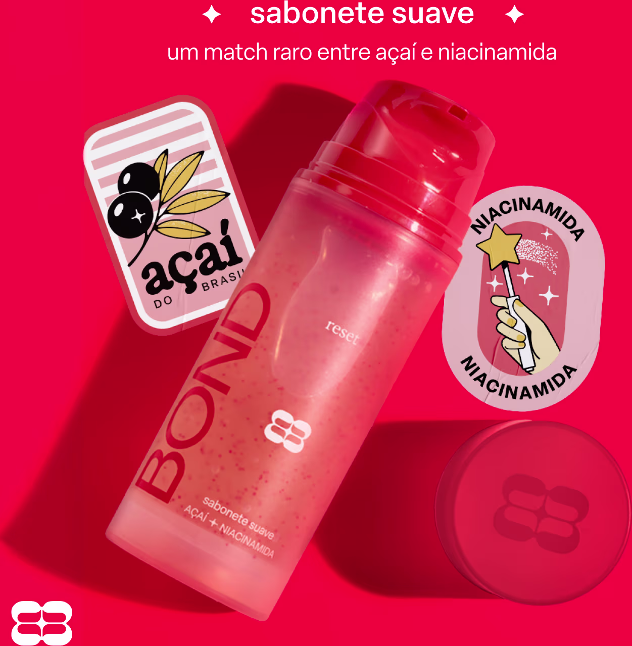 Sabonete suave com combinação rara de açaí e niacinamida, em embalagem com logotipo da marca Bond Rio e ilustrações de estrela e flor.