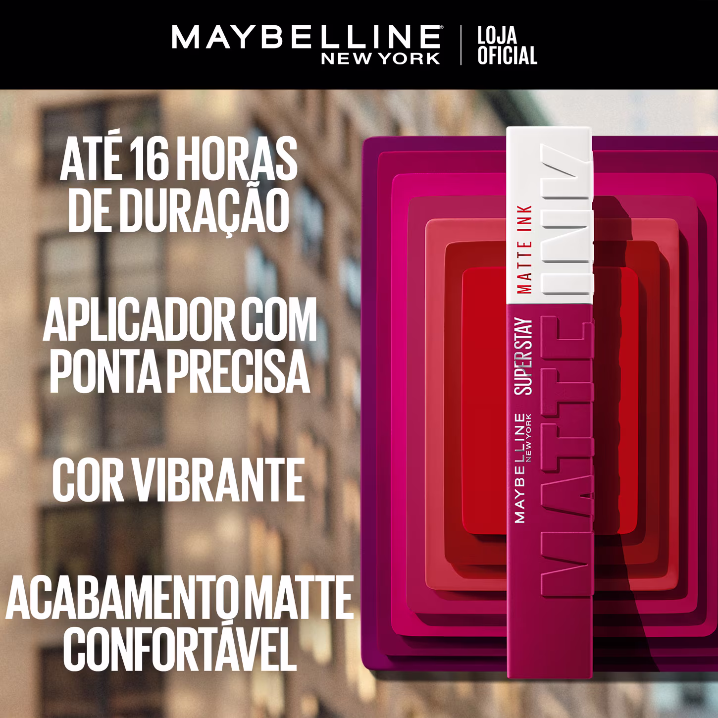 Embalagem de item de perfumaria da marca Maybelline New York com texto "Até 16 horas de duração", "Aplicador com ponta precisa" e "Cor vibrante acabamento matte confortável".