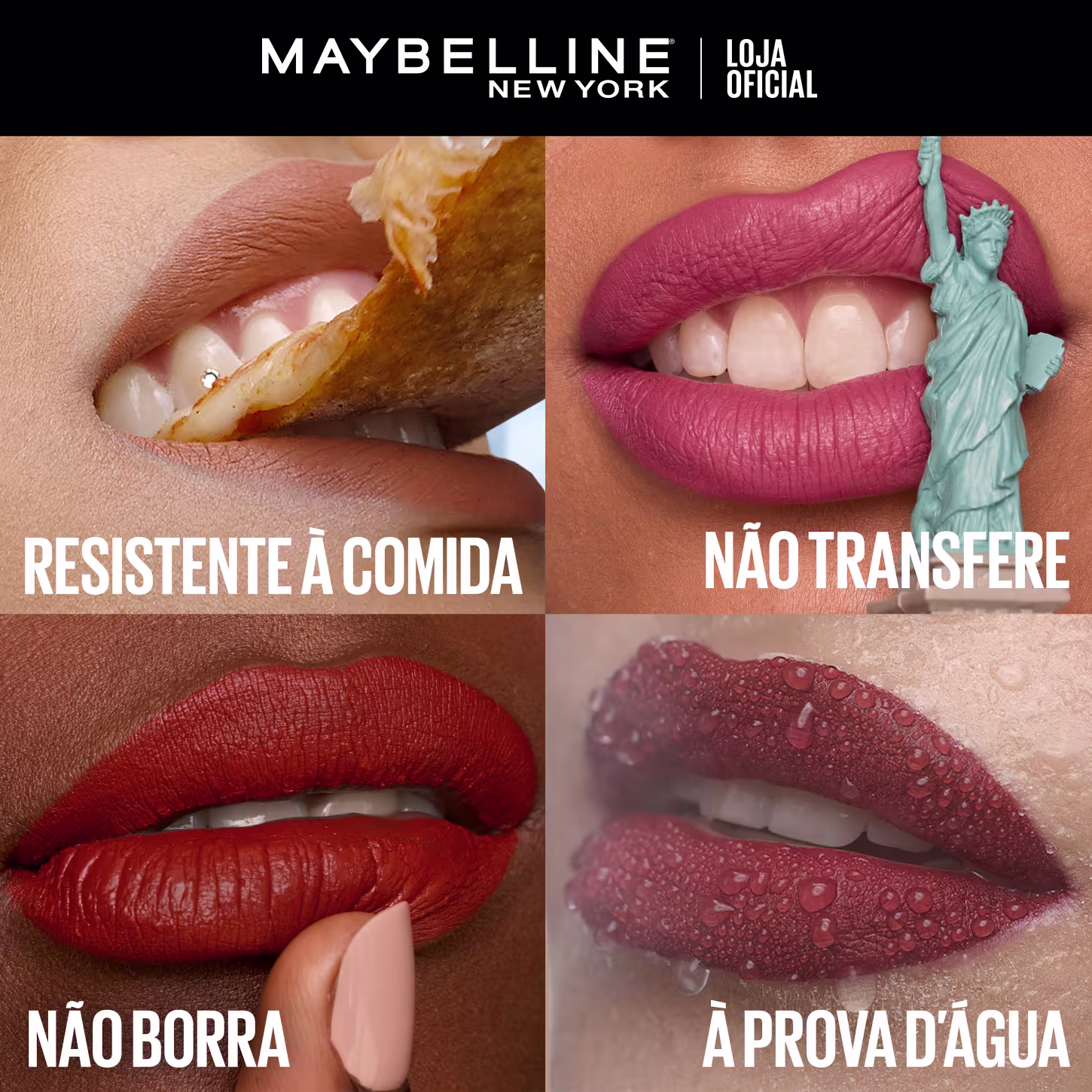 Imagem de lábios com batom vermelho e texto "Resistente à comida", "Não transfere", "Não borra" e "À prova d'água" em português. Logotipo da marca Maybelline New York visível.