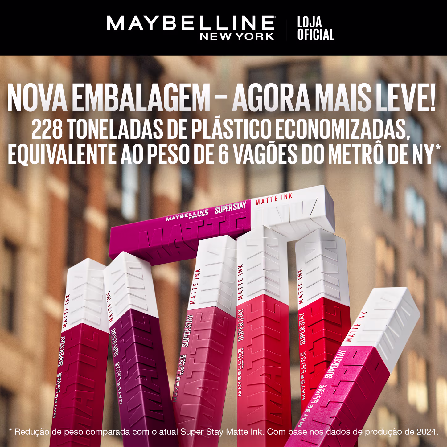Embalagem da marca Maybelline New York com texto "Nova embalagem - agora mais leve!" e informações sobre redução de peso do produto em comparação à versão anterior.