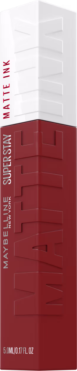 Tubo de batom líquido Maybelline Super Stay Matte Ink em embalagem branca e vermelha, com o nome do produto destacado em letras brancas.