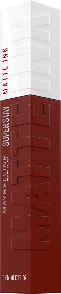Embalagem retangular branca e vermelha da linha de maquiagem Maybelline Super Stay Matte Ink, contendo 5 ml do produto. O rótulo destaca o nome da linha em vermelho e o texto "Matte Ink" em branco.