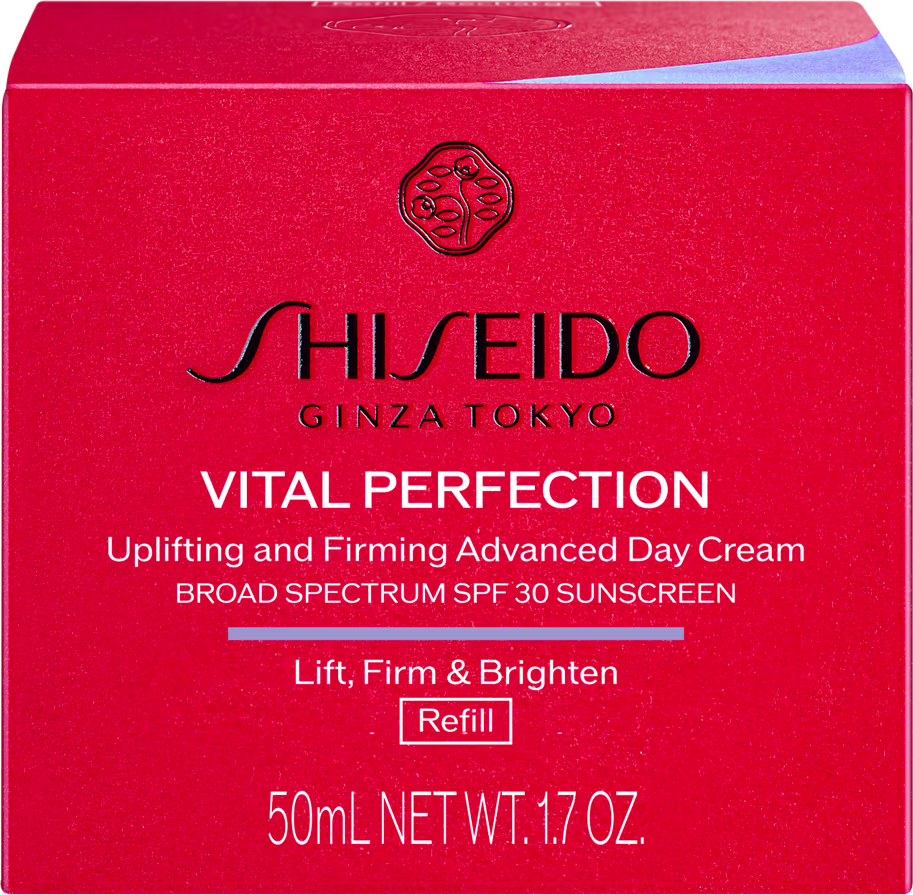 Caixa vermelha com logotipo da Shiseido contendo um refil de creme facial Vital Perfection com SPF 30, descrito como um creme avançado de dia para levantamento e firmeza.