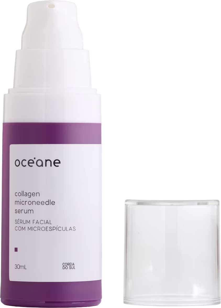 Frasco branco e roxo com rótulo "Océane collagen microneedle serum", produto de cuidados para a pele com microagulhas de colágeno.