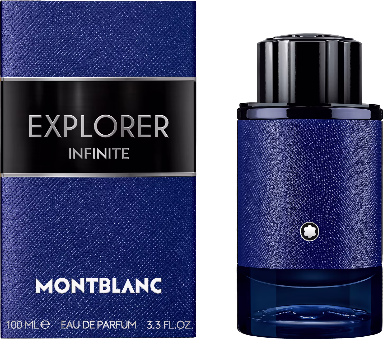 Frasco de perfume Montblanc Explorer Infinite, com embalagem azul escura e preta, contendo 100 ml de eau de parfum. O rótulo exibe o nome da marca e do produto em letras prateadas.