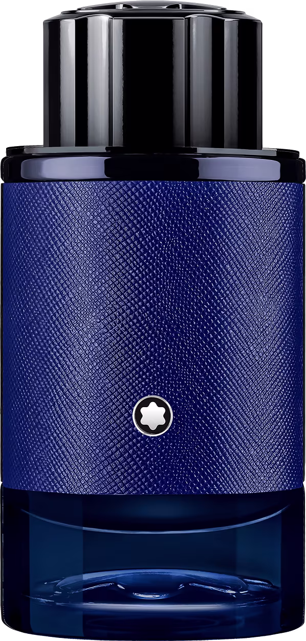 Frasco de perfume Montblanc de cor azul escuro com textura de couro, tampa preta e logotipo da marca. Embalagem elegante e sofisticada em estilo minimalista.
