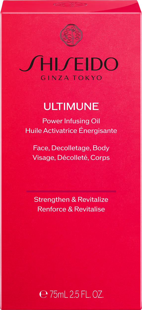 Caixa vermelha com logotipo Shiseido e texto "ULTIMUNE Power Infusing Oil" em inglês, indicando um item de perfumaria em embalagem de frasco.