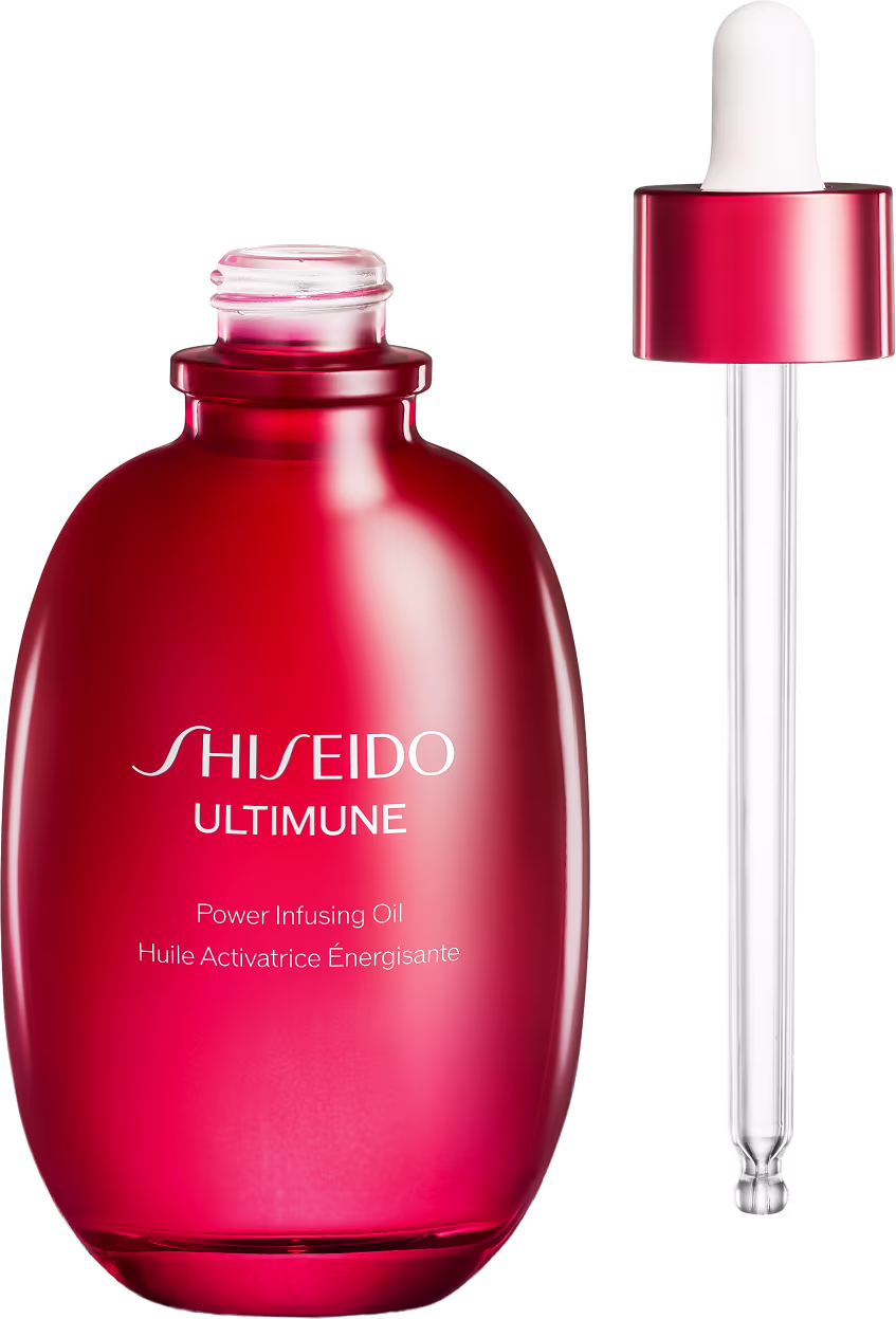 Frasco de vidro vermelho com conta-gotas da linha Ultimune da Shiseido, contendo óleo ativador de energia com texto em inglês no rótulo.