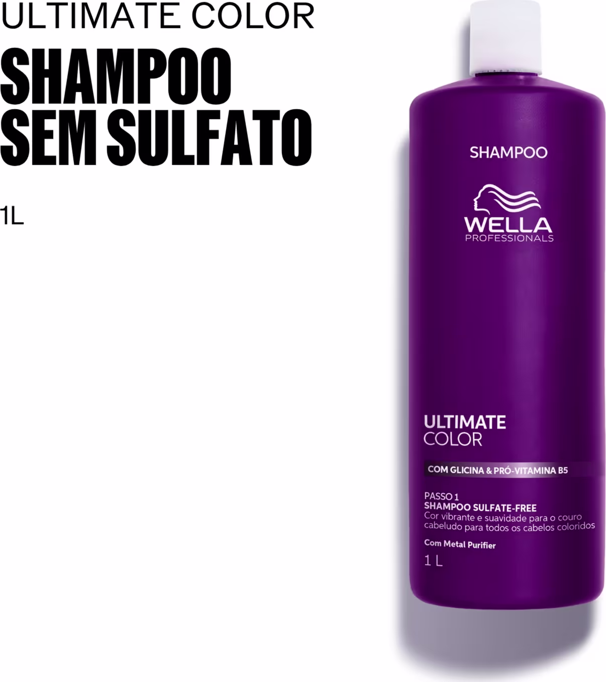 Frasco de shampoo sem sulfato da linha Ultimate Color da Wella Professionals, com 1 litro de capacidade, em embalagem roxa com detalhes em branco, destacando a presença de glicina e pró-vitamina B5 na fórmula.