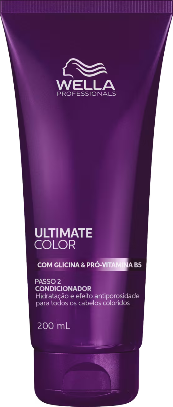 Frasco de condicionador da linha Ultimate Color da Wella Professionals, com 200 ml de volume, embalagem roxa com logo da marca, contendo informações sobre os benefícios do produto.