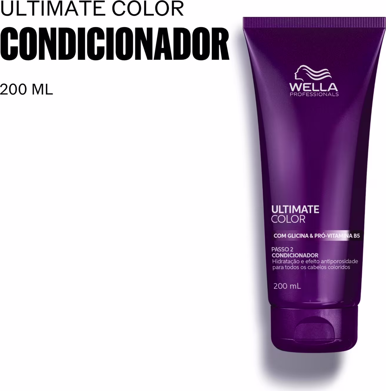 Condicionador Ultimate Color da Wella Professionals, em embalagem de 200 ml, com fórmula enriquecida com glicina e pró-vitamina B5 para cabelos coloridos.