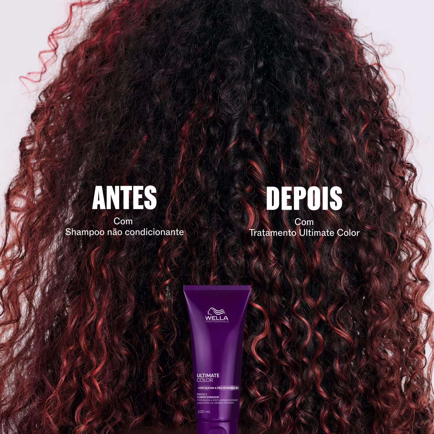 A imagem mostra um tratamento de cor de cabelo da marca Wella Professionals, com o produto Ultimate Color destacado em uma embalagem roxa. O antes e depois do tratamento são exibidos, com o cabelo cacheado hidratado após a utilização do condicionador