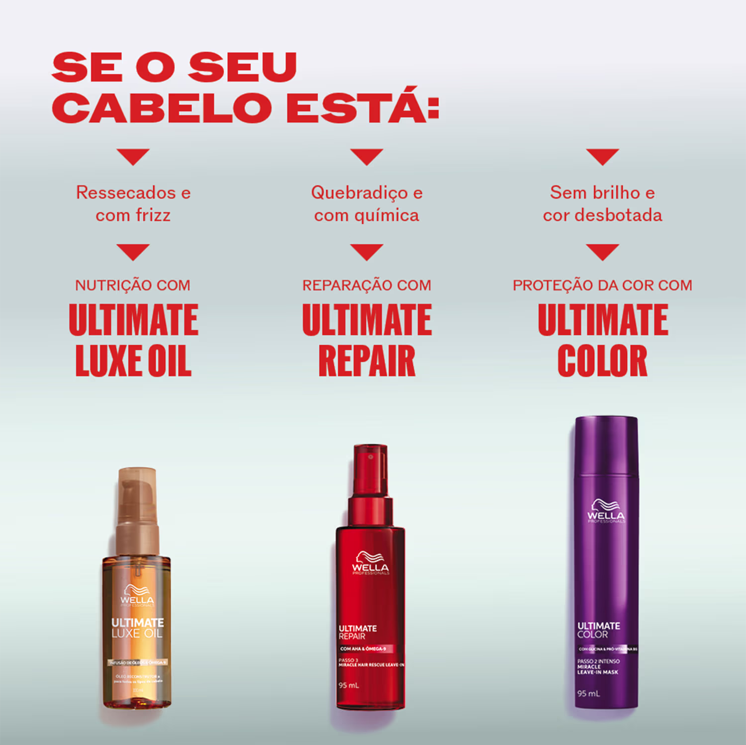 Se o seu cabelo está: Ressecados e com frizz, Nutrição com Ultimate Luxe Oil; Quebradico e com química, Reparação com Ultimate Repair; Sem brilho e cor desbotada, Proteção da cor com Ultimate Color.