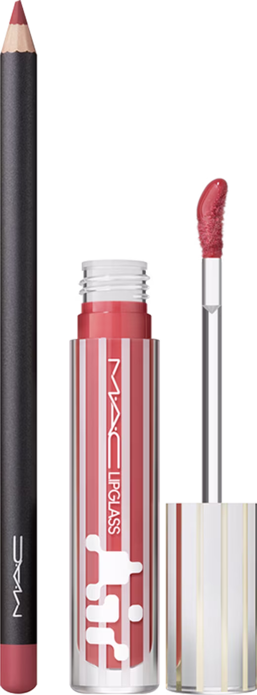 Lápis Labial Velvet Teddy (bege profundo) e Gloss Labial Air Non-Sticky na cor Casual (pêssego escuro) da marca M·A·C.
