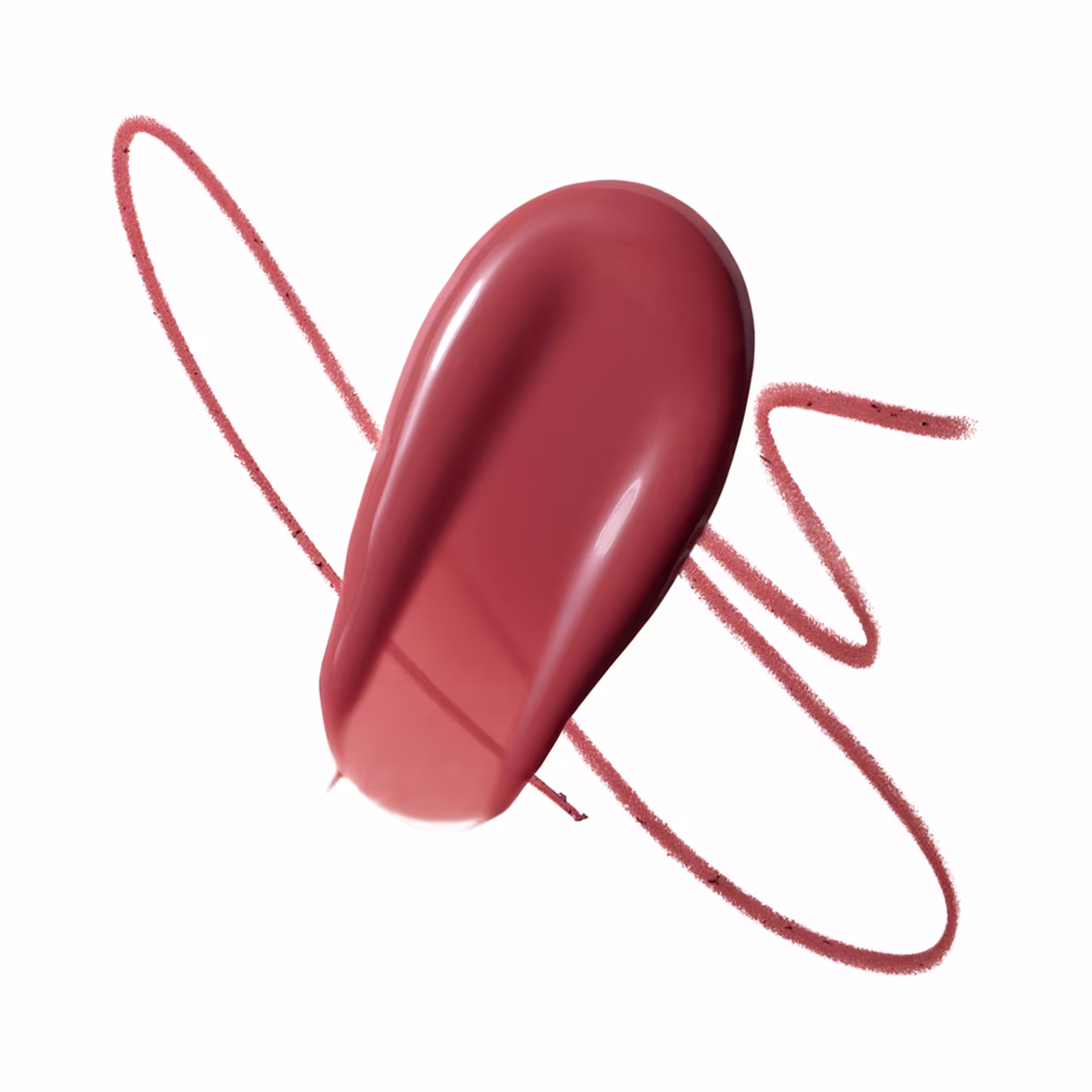 O produto de beleza apresenta uma textura cremosa e brilhante, com uma cor pêssego intensa e uniforme; traço de lápis na cor bege rosado