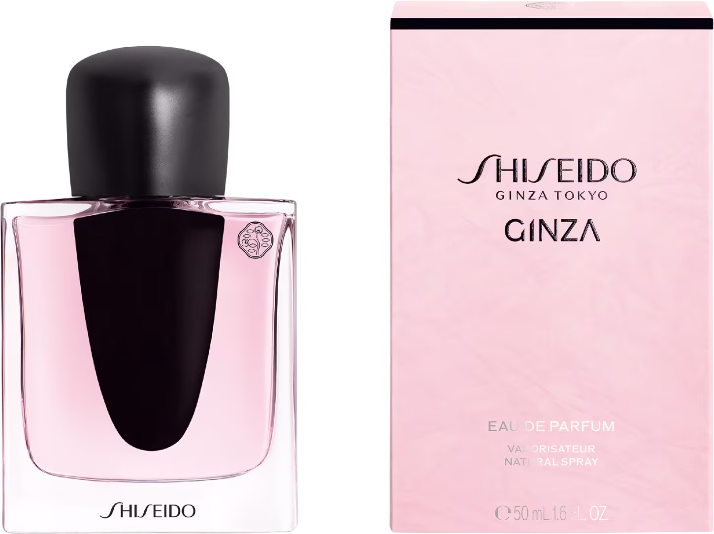 Frasco de perfume Shiseido Ginza, com embalagem rosa e preta, contendo um líquido rosa claro. O rótulo exibe o nome da marca "Shiseido" e "Ginza" em letras pretas.
