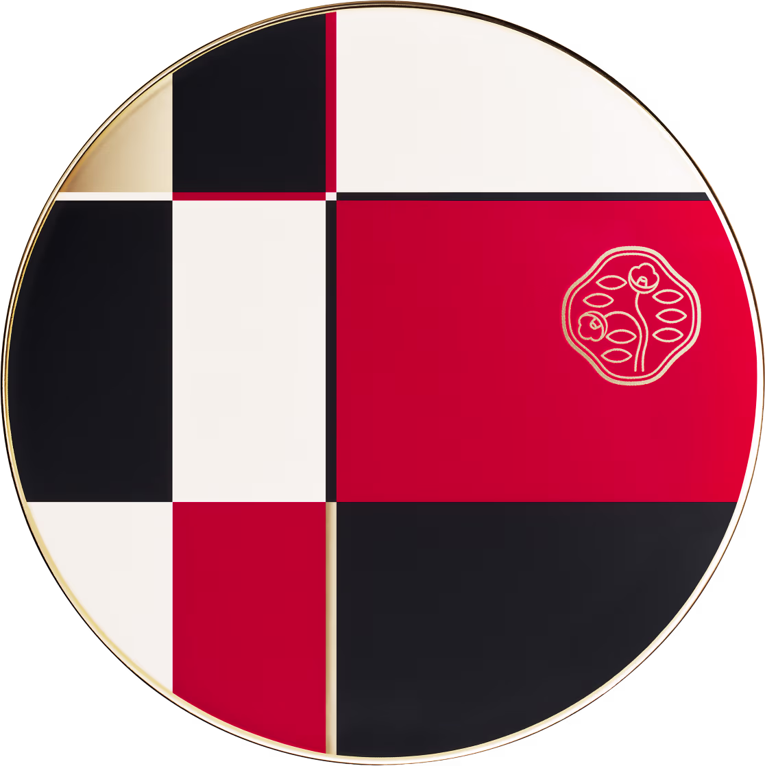 Detalhe do estojo com design geométrico em preto, branco e vermelho, com logotipo da marca Shiseido em relevo.