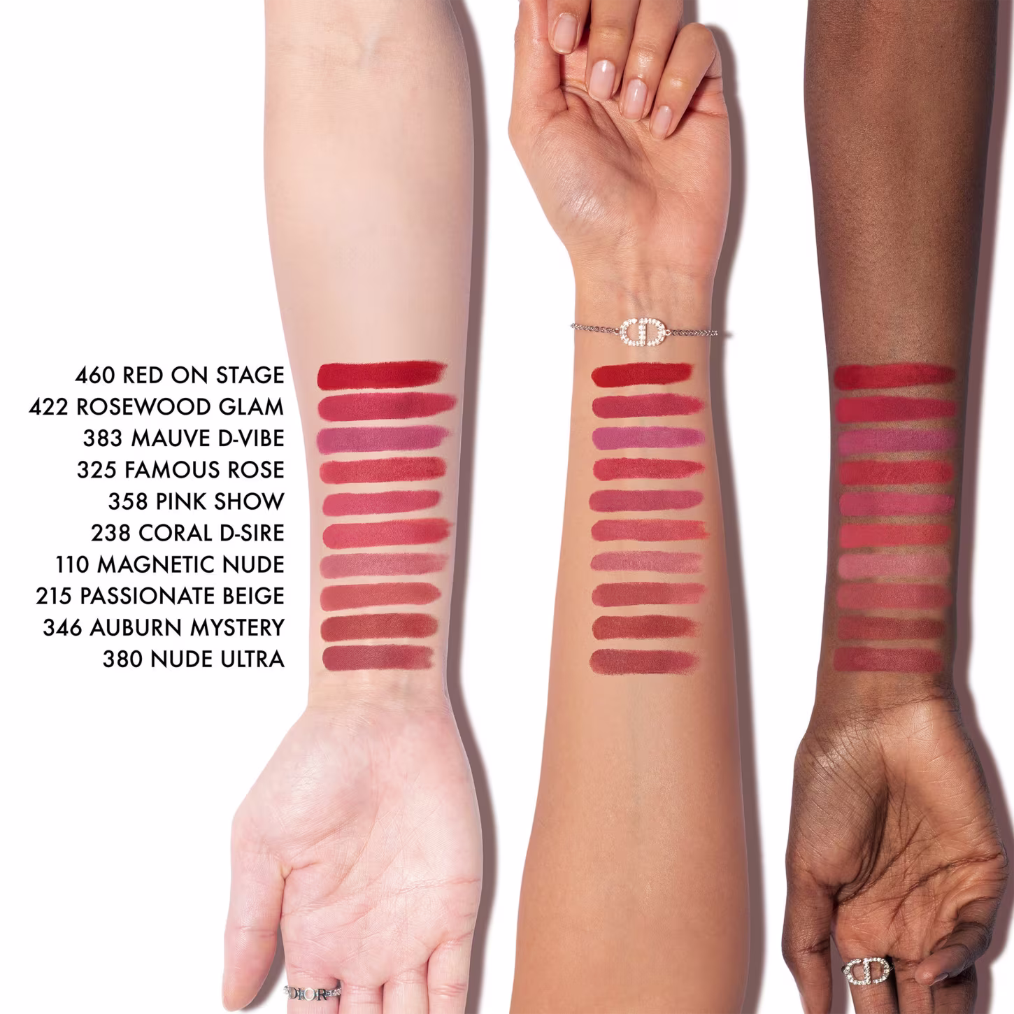 Imagem de braços com diversos tons de pele exibindo diferentes tons de batom vermelho, com informações sobre os nomes e códigos dos produtos.