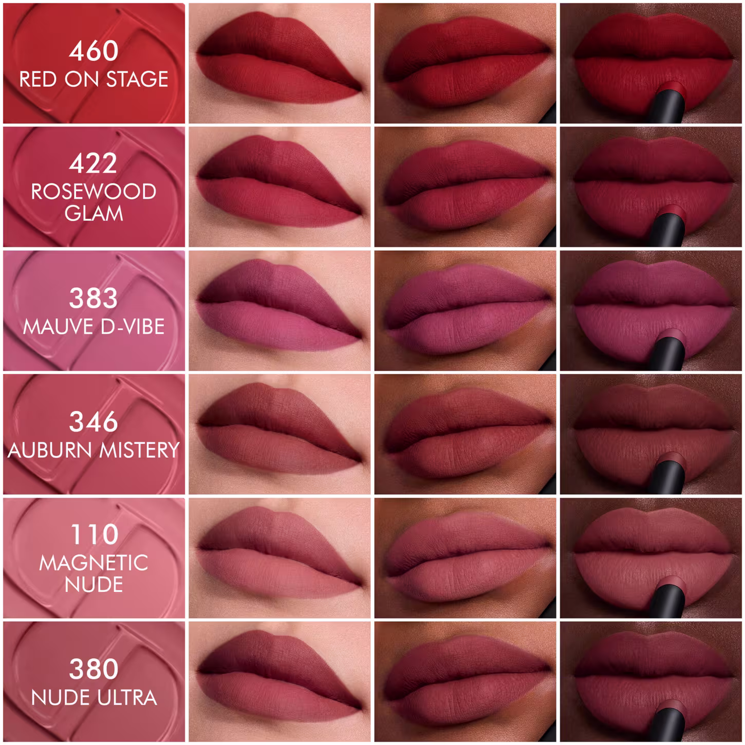 Apresentação de uma linha de batons da marca Dior, com diferentes tonalidades de vermelho e rosa, em um ambiente de maquiagem com fundo vermelho, destacando as cores e texturas dos produtos.