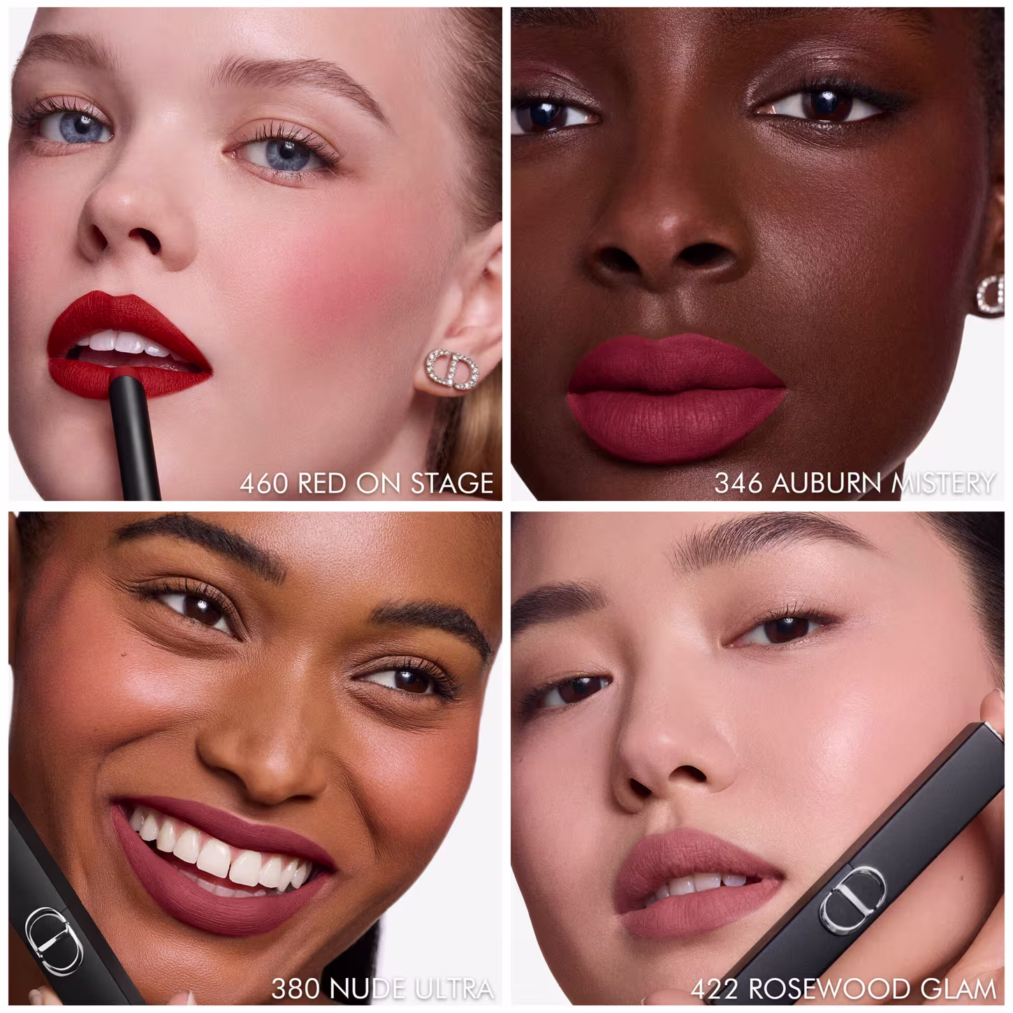 Quatro imagens de produtos de maquiagem da marca Dior, com diferentes tons de batom vermelho e rosa, em close-up dos lábios de modelos com diferentes tons de pele.