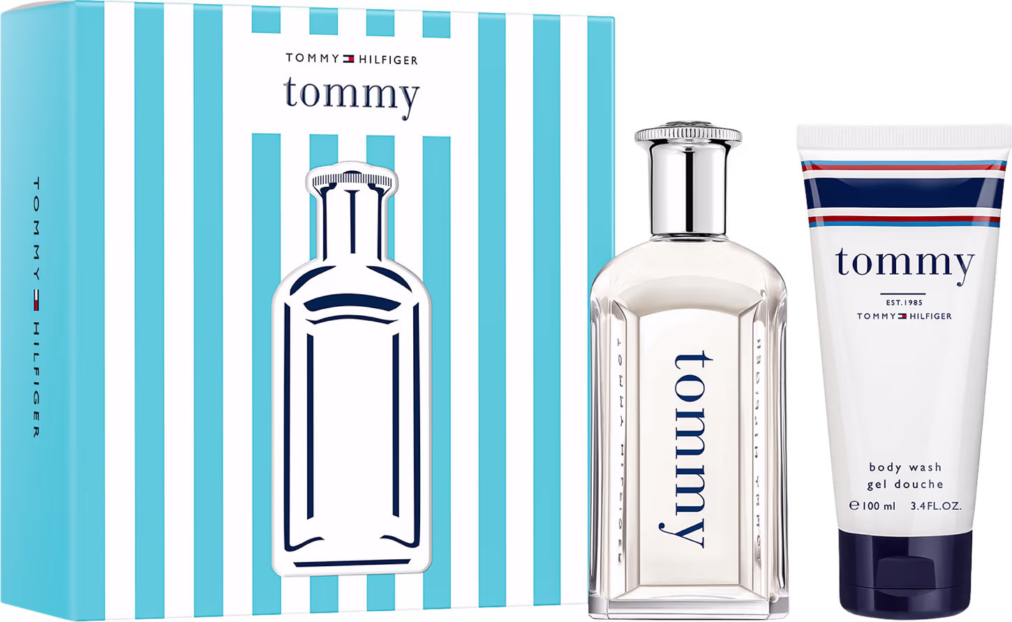 Conjunto de produtos Tommy Hilfiger, incluindo um frasco de perfume e um tubo de gel de banho, em embalagens com listras azuis e brancas características da marca.