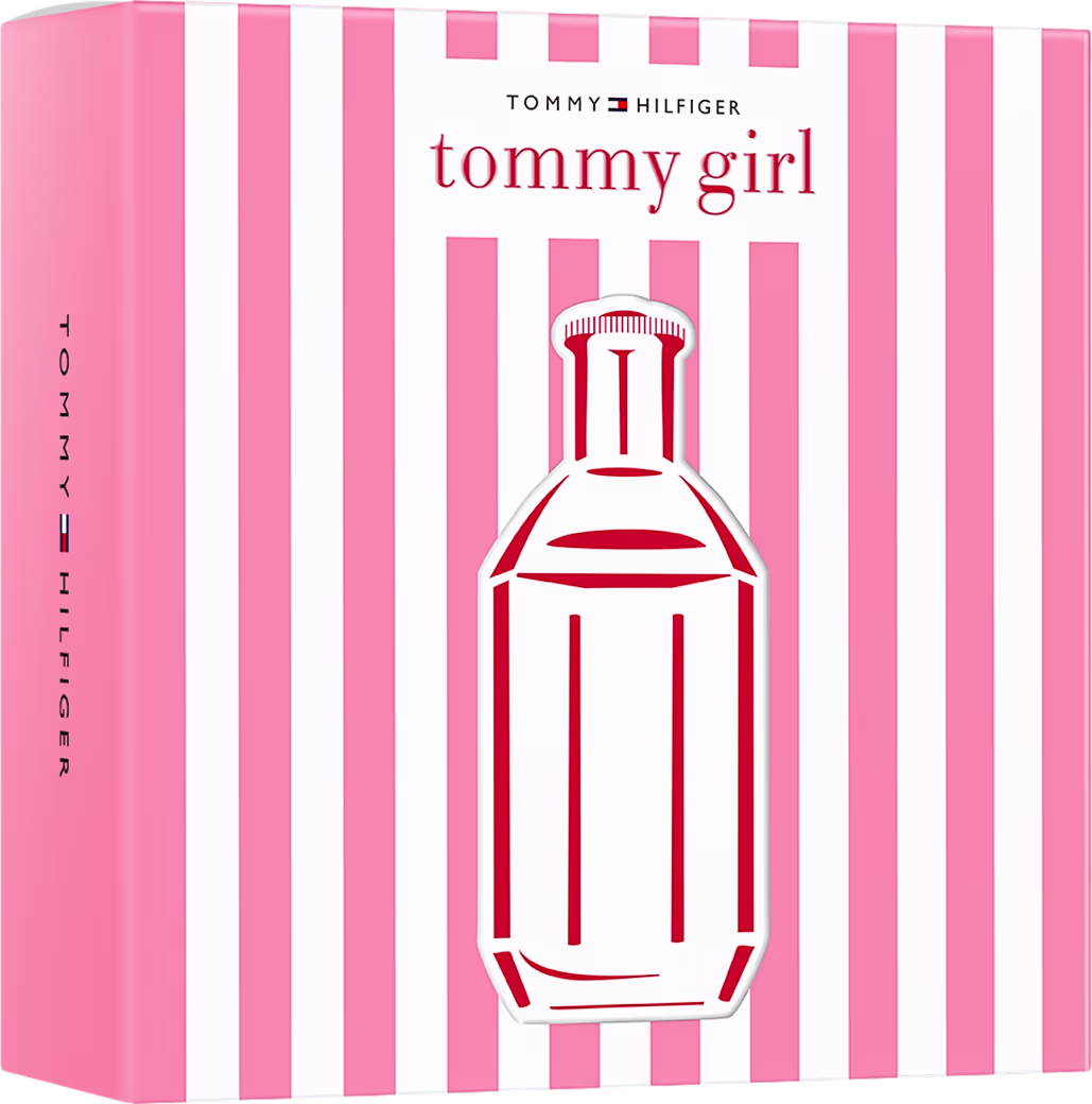 Caixa rosa e branca da fragrância Tommy Girl da marca Tommy Hilfiger, com o nome da fragrância e o logotipo da marca em vermelho destacado no centro da embalagem.