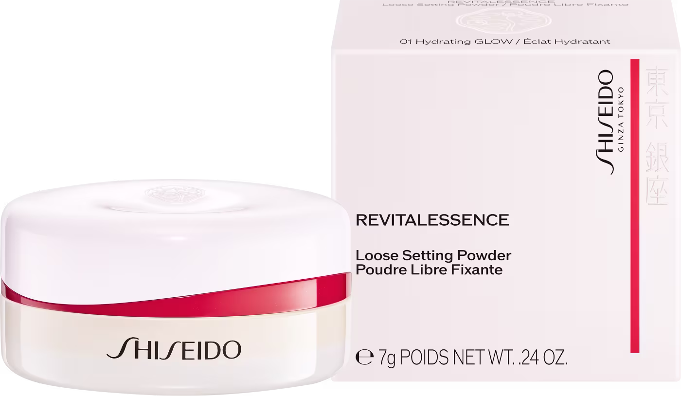Pote branco de pó solto da linha Revitalessence da Shiseido, com rótulo vermelho e branco destacando o nome do produto.