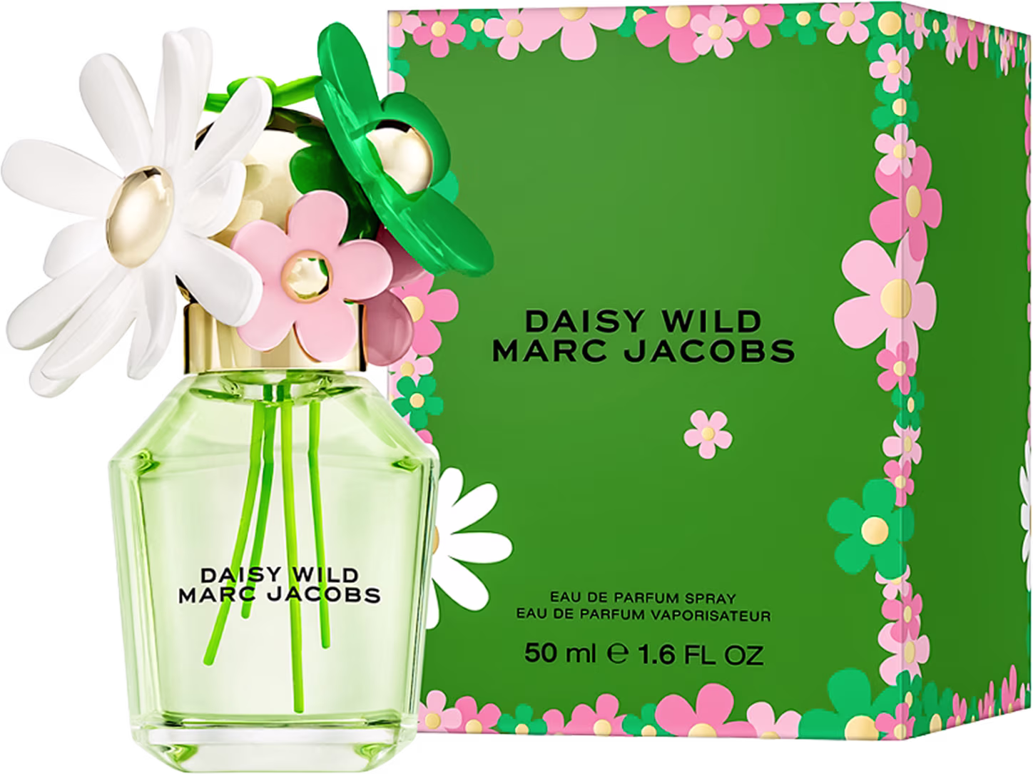 Frasco de perfume Daisy Wild da marca Marc Jacobs, com embalagem verde e flores rosa e brancas, contendo 50 ml de eau de parfum.