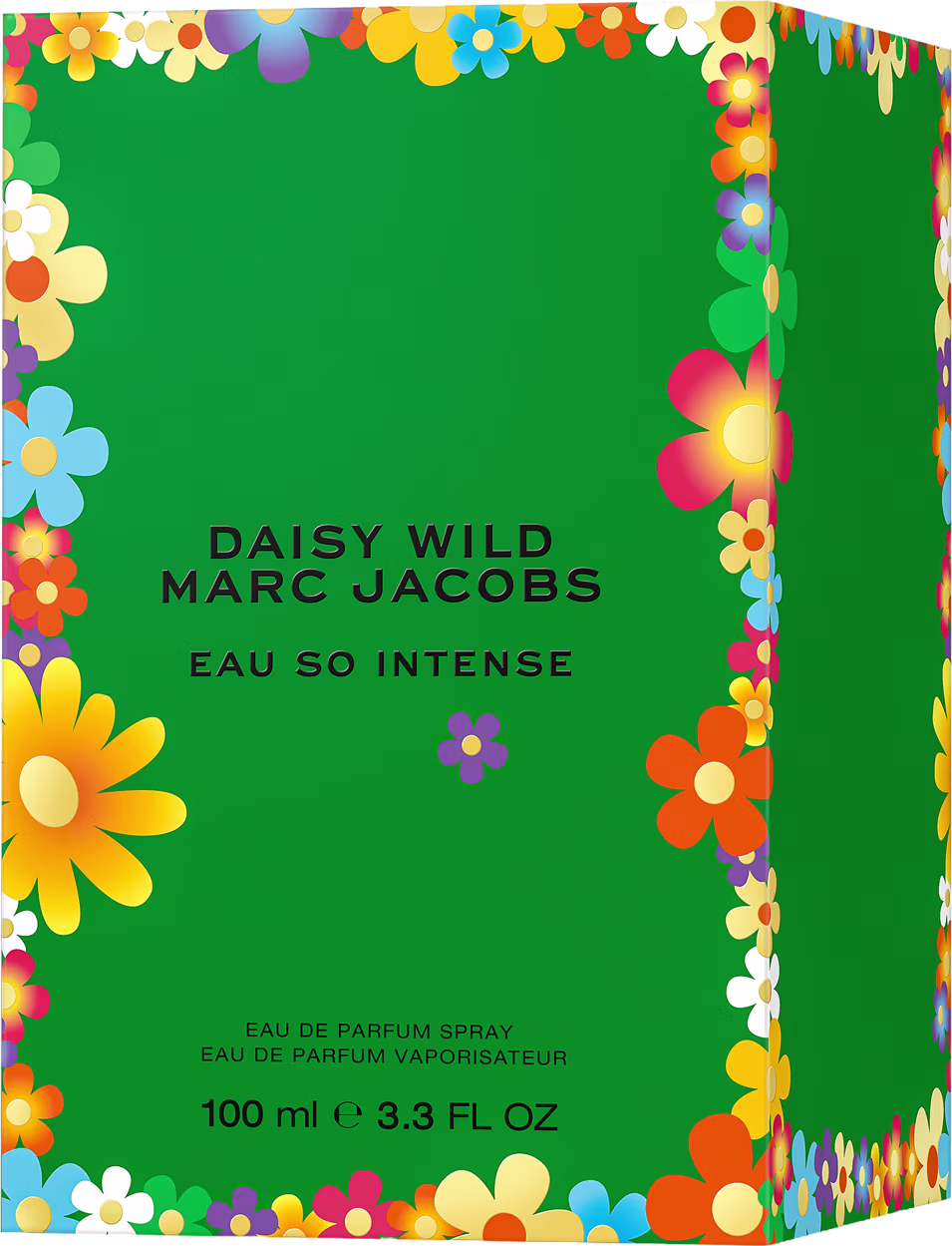Frasco de perfume Daisy Wild da marca Marc Jacobs, com embalagem verde e flores coloridas em tons de amarelo, laranja e azul. Rótulo com o nome da fragrância "Eau So Intense" e informações do produto.