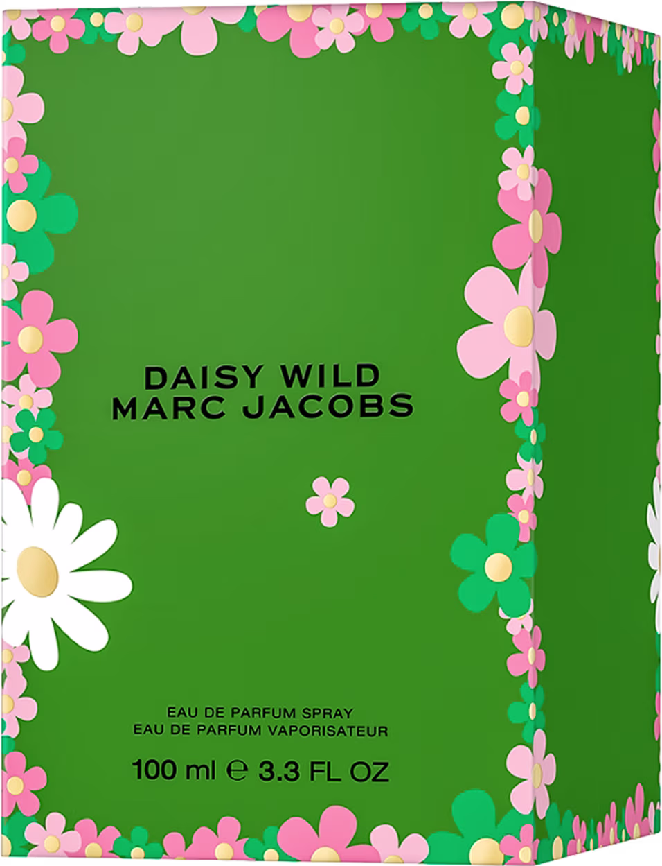 Frasco de perfume Daisy Wild da marca Marc Jacobs, com embalagem verde decorada com flores rosa, amarelas e brancas. Texto "DAISY WILD MARC JACOBS" visível na parte frontal, com capacidade de 100 ml.