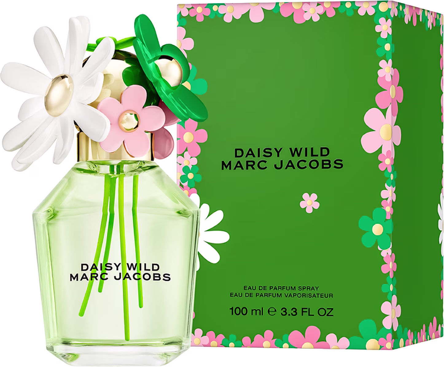 Frasco de perfume Daisy Wild da marca Marc Jacobs, com embalagem verde e flores rosa e brancas, contendo 100 ml de produto. O rótulo apresenta o nome da fragrância e da marca em destaque.